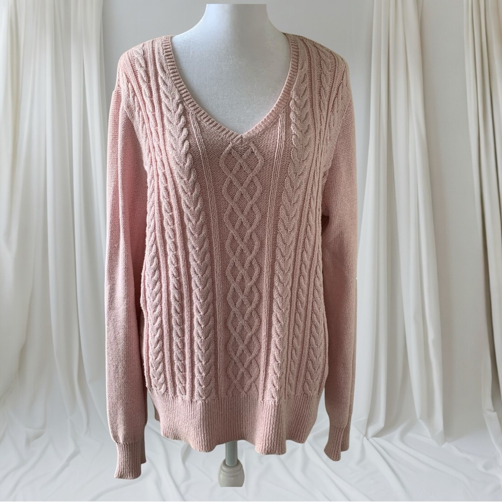 Chaps classic pink cable knit v-neck sweater with subtle shimmer